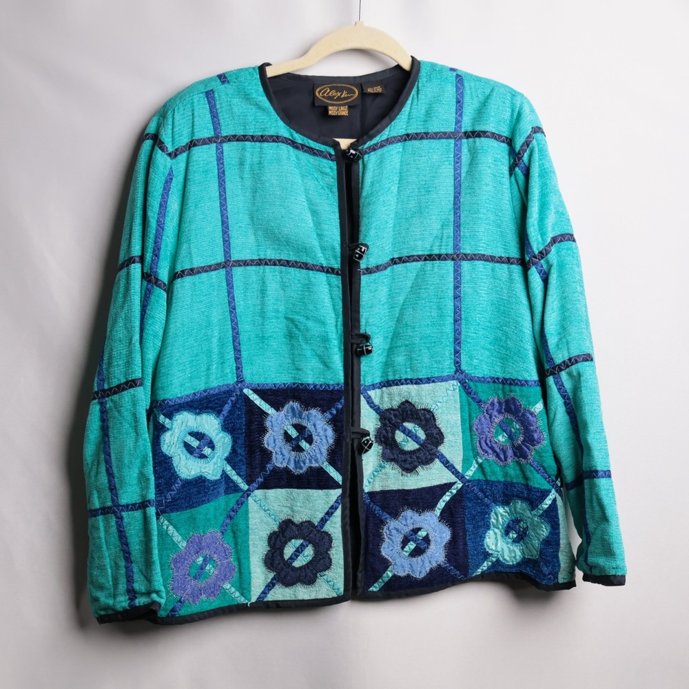 Alex Kim Women Teal Blue Patchwork Floral Art to Wear Rayon Jacket Size L BN6